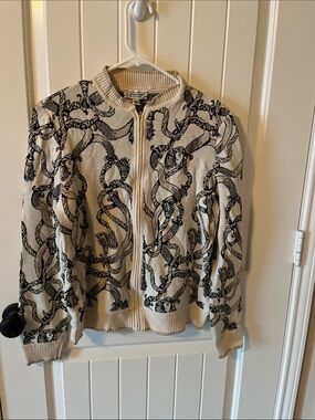 St. John Cream and Black Rope-Print Zip Cardigan Jacket